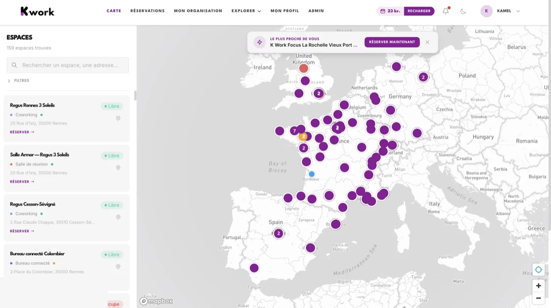 K-work : version web : carte des espaces, réservations et networking