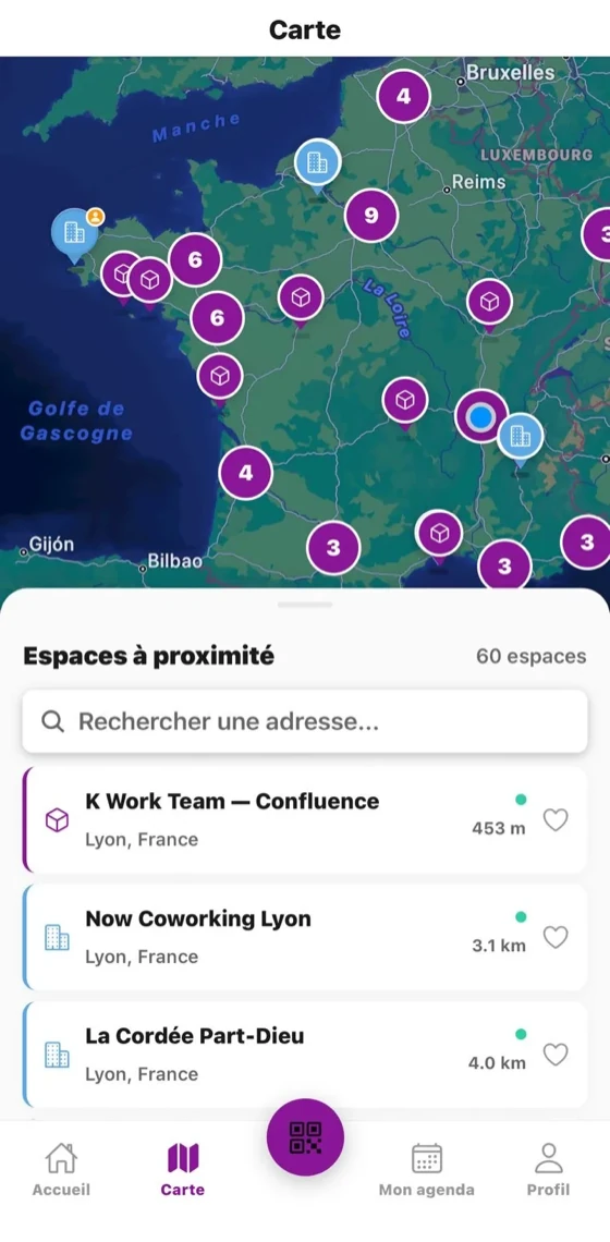 Écran K-work : carte du réseau national d'espaces de travail