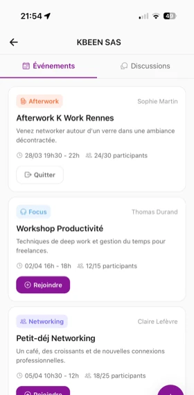 Écran Événements K-work : afterworks, workshops et networking