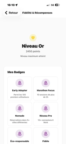 Écran Fidélité & Récompenses : niveau Gold, badges et points K-work