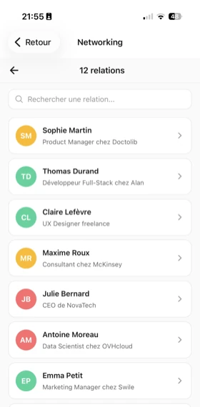 Écran Relations K-work : connexions et réseau professionnel
