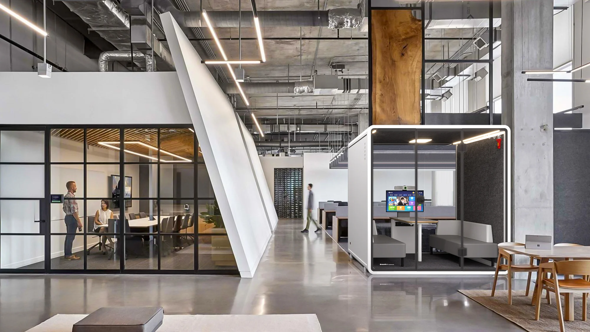 Showroom KBEEN : cabines dans un espace de travail